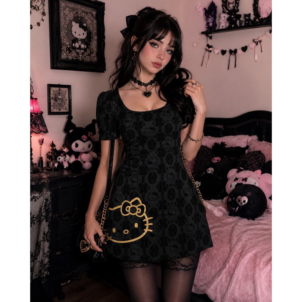 Hello Kitty Sanrio Black Damask Flocked Bodycon Dress Gold Graphic XL Gothic